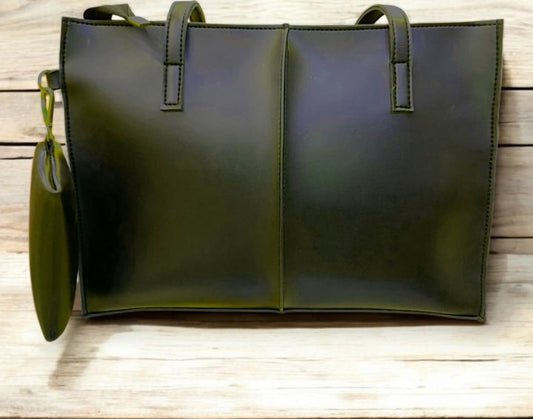 Minimalist Olive Green Leather Tote Bag with Matching Pouch