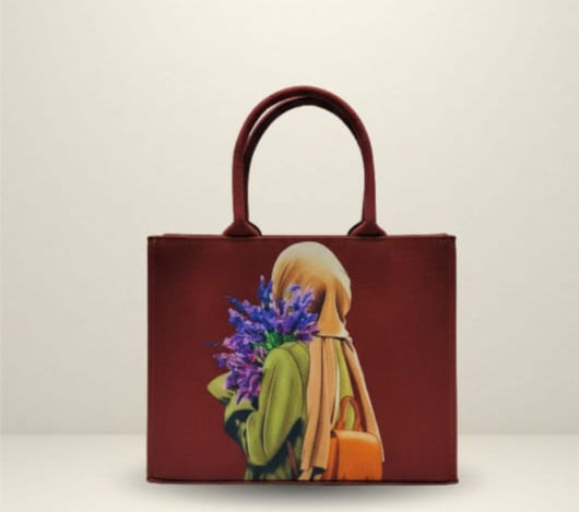 Artistic Floral Illustration Structured Tote Bag in Deep Burgundy